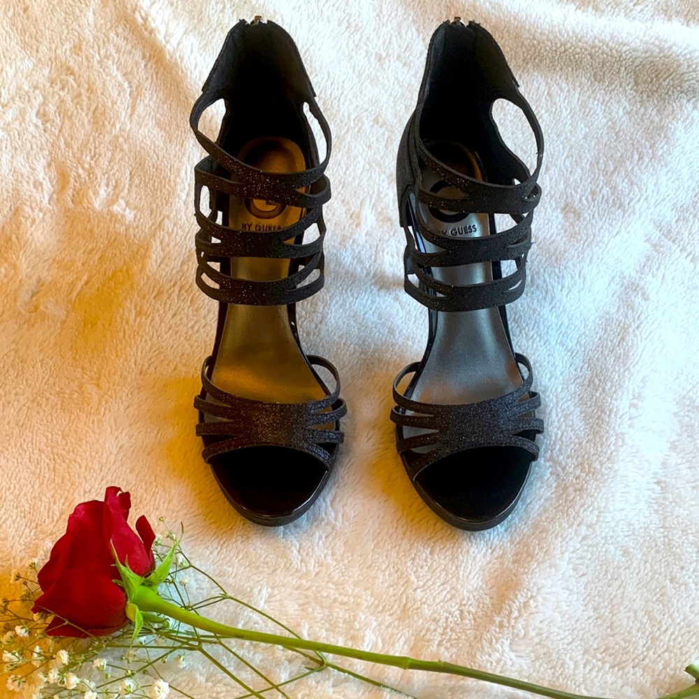 Guess Black Glitter Strappy Heels
